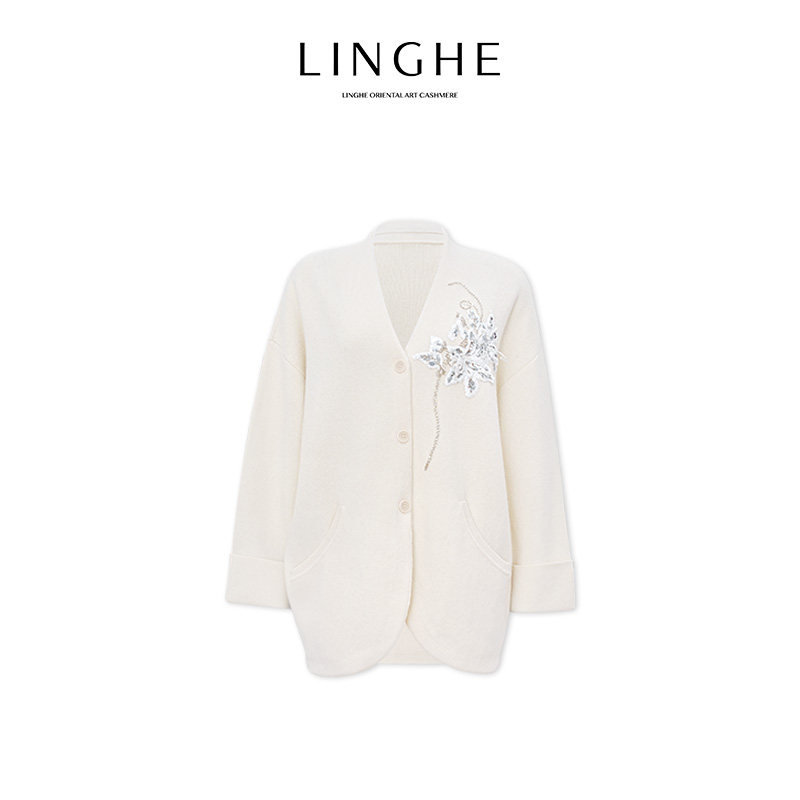 翎禾LINGHE-「白鹤仙」重工刺绣长袖V领针织开衫秋冬外套