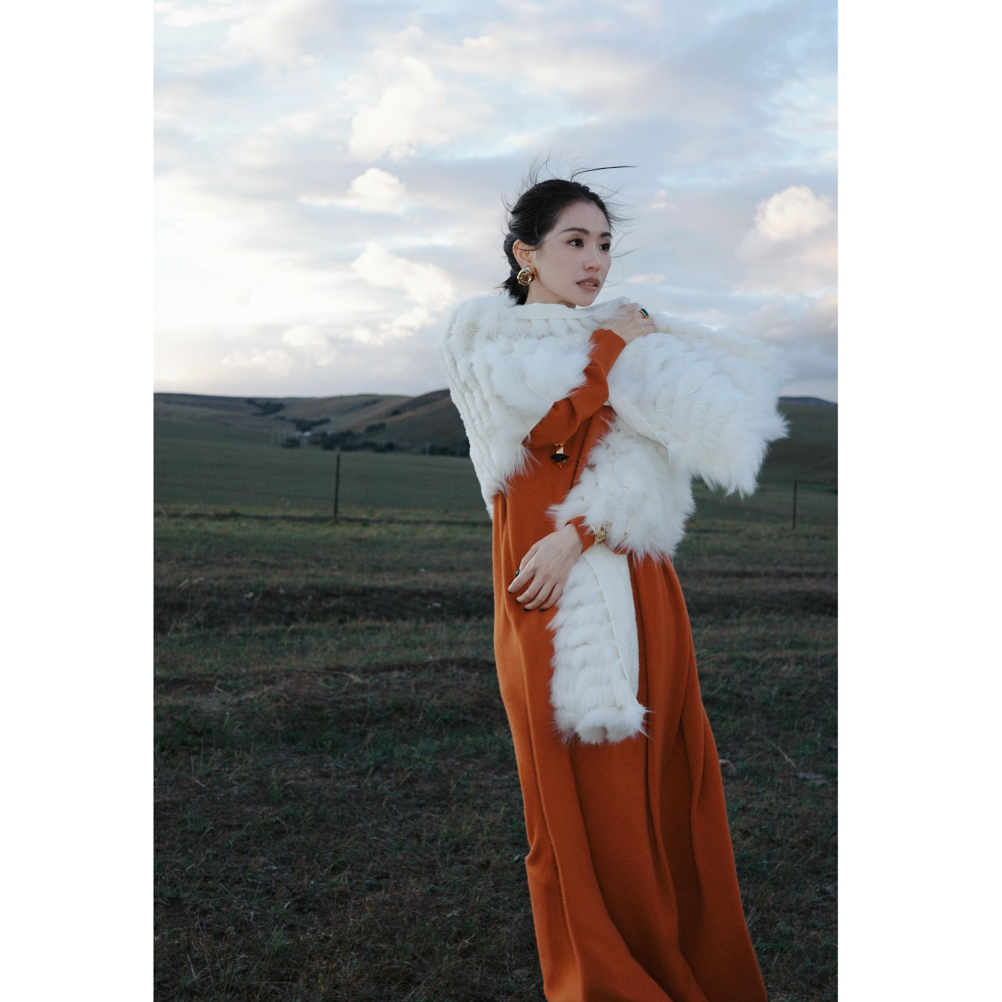 翎禾LINGHE-「阑夜鹊羽」女士冬季银狐毛狐狸毛披肩
