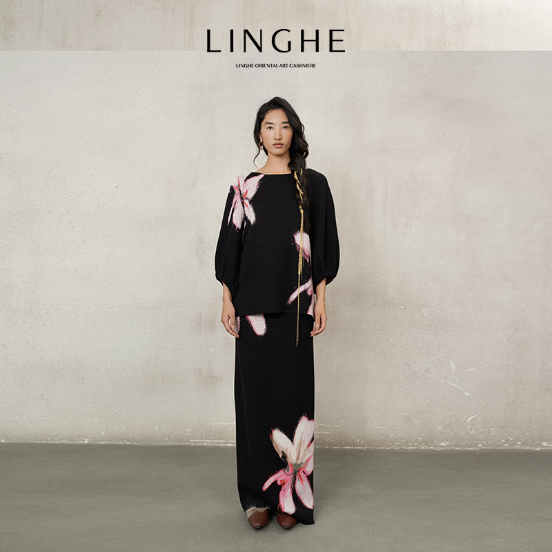 翎禾LINGHE-「桃夭」提花针织上衣半裙套装