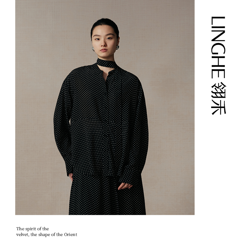 翎禾LINGHE-秋冬气质时尚百搭波点飘带长袖衬衫休闲宽松黑色上衣