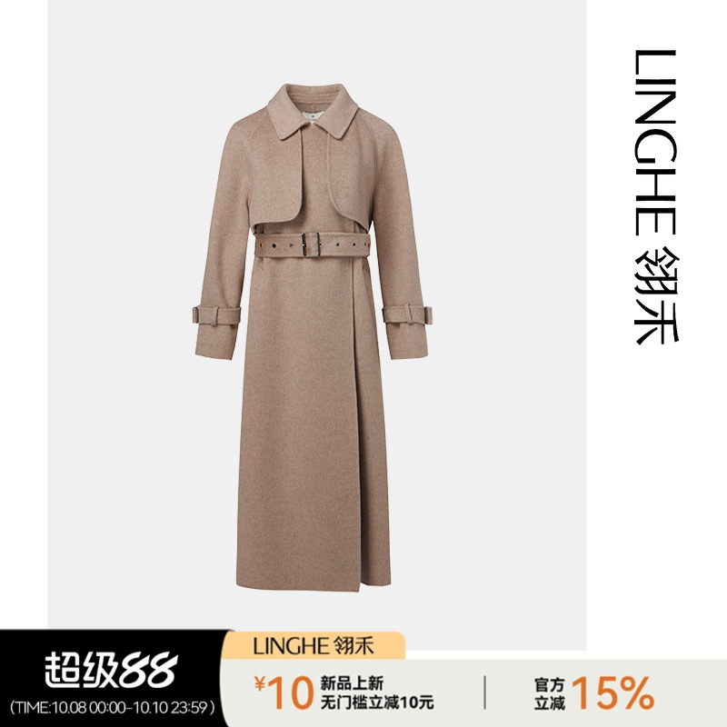 翎禾LINGHE-通勤秋冬羊毛大衣中长款宽松设计师双排扣气质翻领