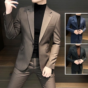 条纹外套西服炸街潮牌高级感帅气总裁休闲西装 嘉业潮男时尚 男装