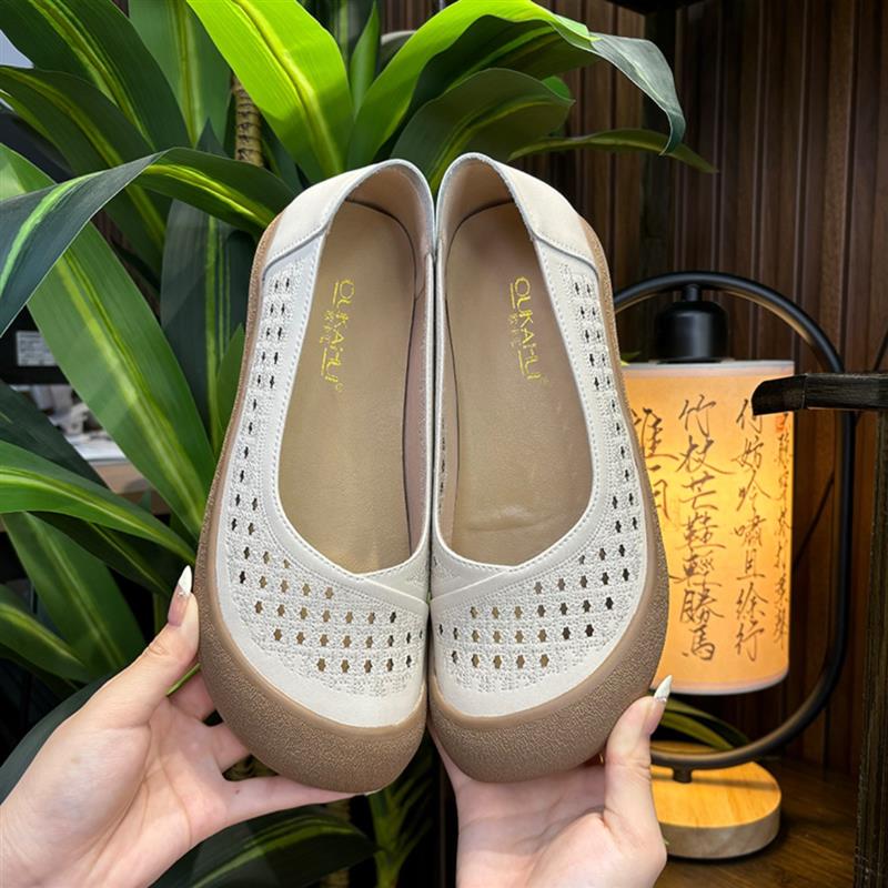 情谊手工女鞋头层牛皮镂空春夏平底圆头宽松一脚蹬浅口鞋重守小店