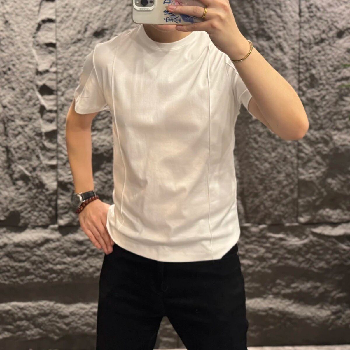 热度男装简约时尚立体短袖白色休闲百搭弹力韩版t恤纯色圆领T恤