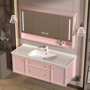 现代美式 浴室柜组合岩板一体台盆智能镜子橡胶木烤漆壁挂式