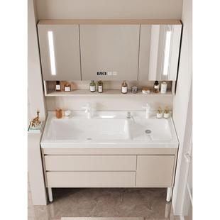 简单奶油风格 陶瓷集成面盆搓板双水龙头浴室柜智能镜子柜实木洗衣