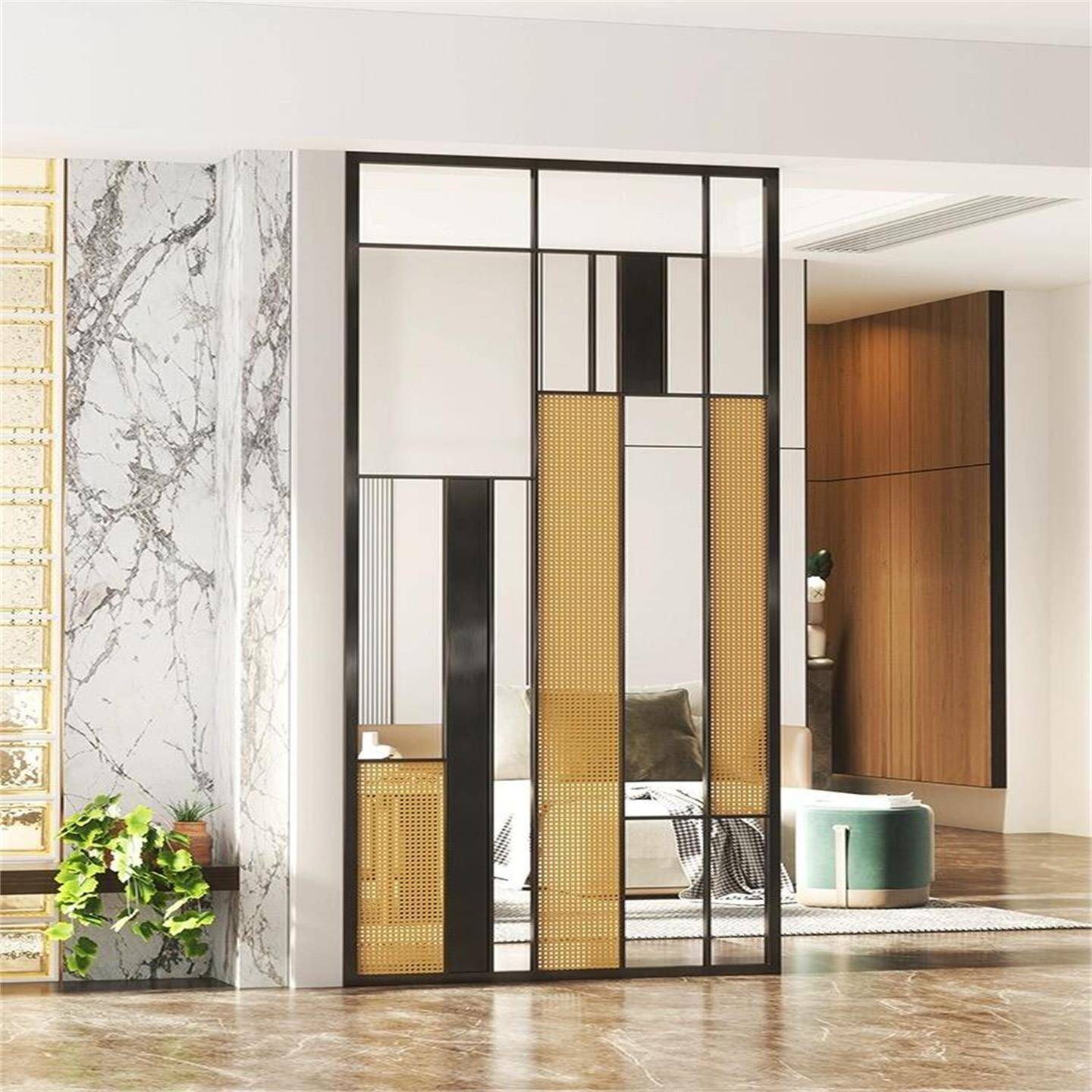 定制不锈钢屏风新中式艺术夹丝玻璃镂空隔断酒店大堂背景玄关隔墙