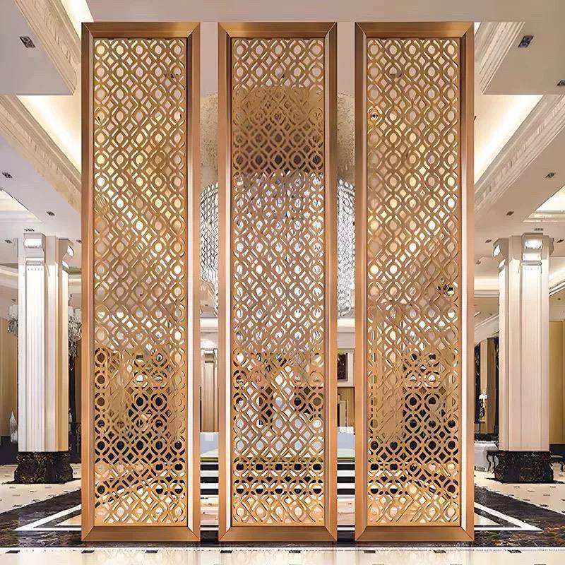 新中式不锈钢屏风隔断铝雕金属镂空酒店会所餐厅格栅入户玄关定制