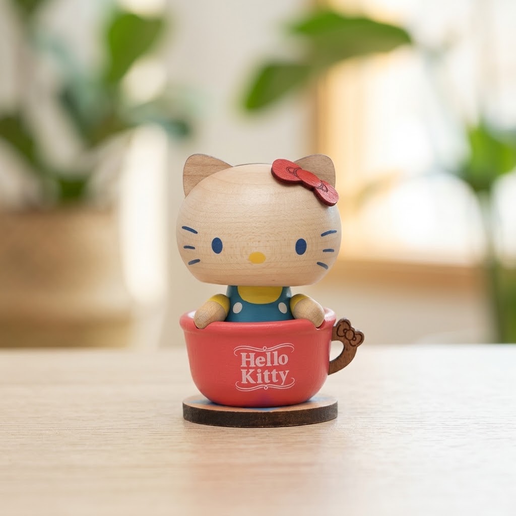 森活木趣木质HelloKitty桌面车载饰品中控台车内弹簧摇头晃脑摆件图片