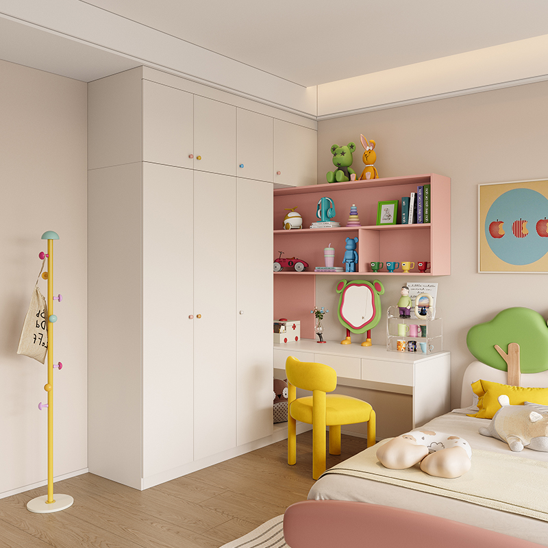 奶油风衣柜连书桌一体组合小户型儿童转角书柜女孩卧室储物柜