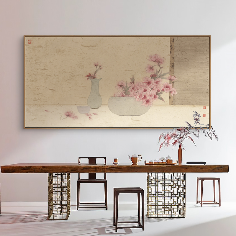 新中式客厅装饰画餐厅卧室床头挂画日式原木风民宿酒店花朵墙画图片