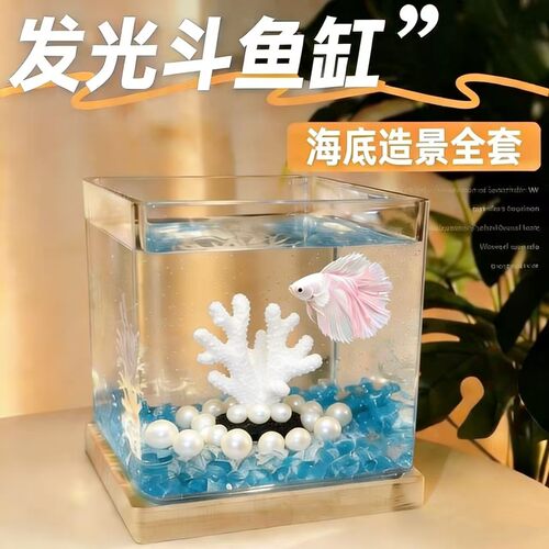 超白加厚方形玻璃鱼缸客厅办公桌面创意生态小型斗鱼缸夜灯迷你缸
