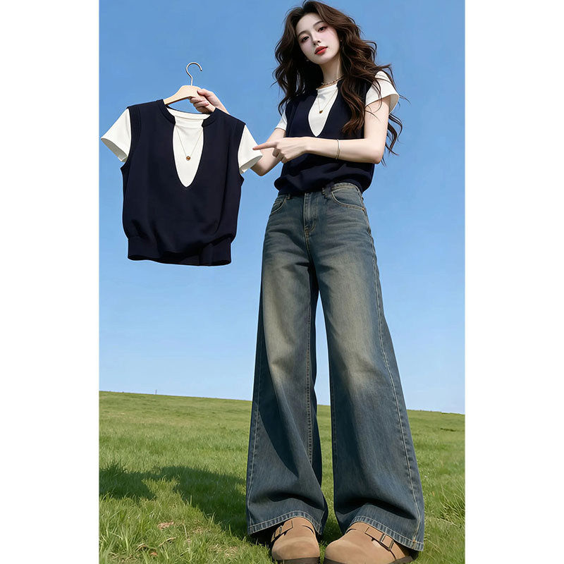 高级感假两件针织衫短袖t恤女夏季新款大码胖mm薄款宽松显瘦上衣