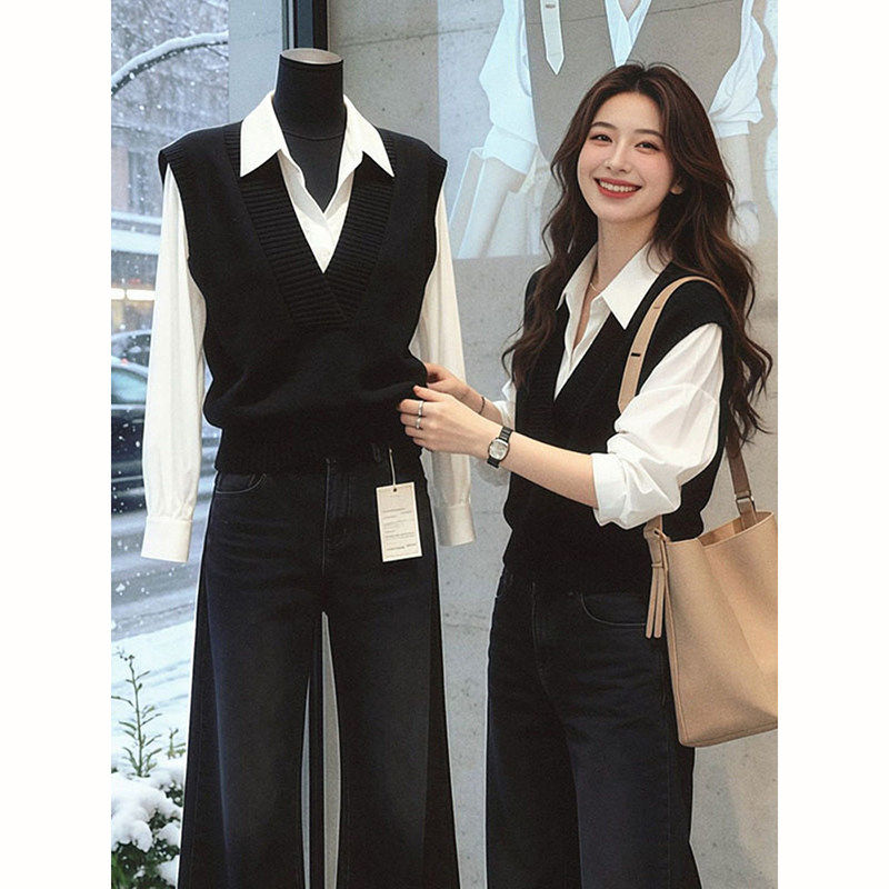 假两件拼接针织衫毛衣女2026春装大码胖mm显瘦超好看减龄衬衫上衣