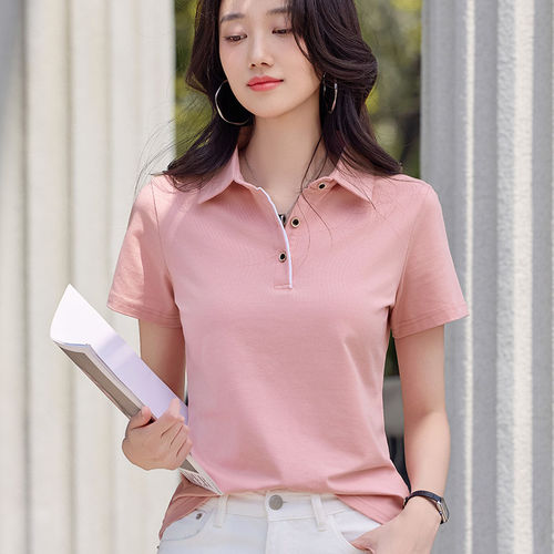粉色POLO领正肩短袖T恤女