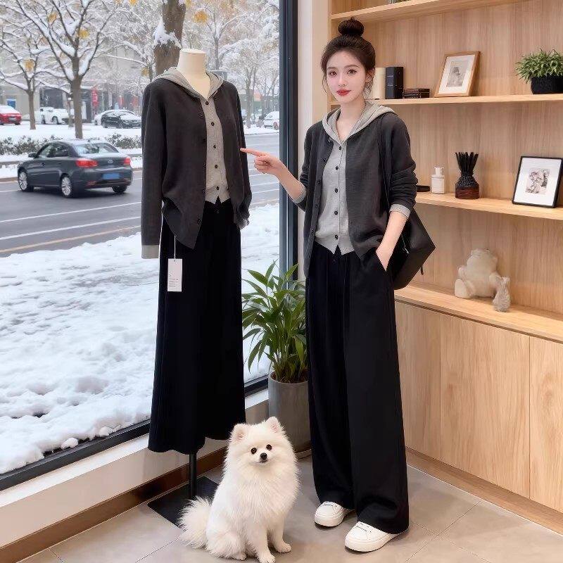 慵懒风连帽假两件针织开衫女2026冬季大码胖mm宽松毛衣打底衫上衣