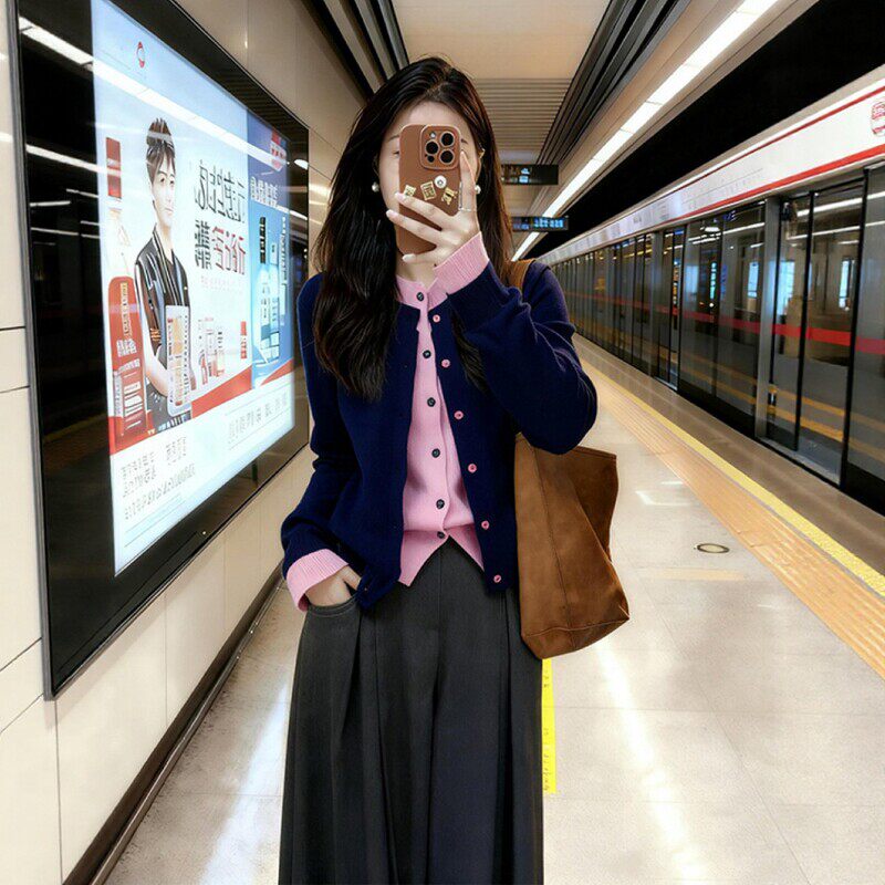 欧货假两件长袖针织开衫女2026春季大码胖MM宽松显瘦慵懒风上衣潮