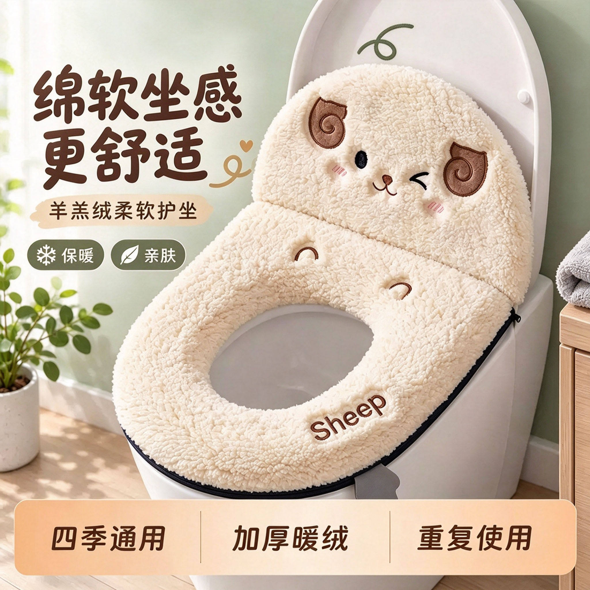 可爱加厚羊羔绒保暖抗菌马桶座圈