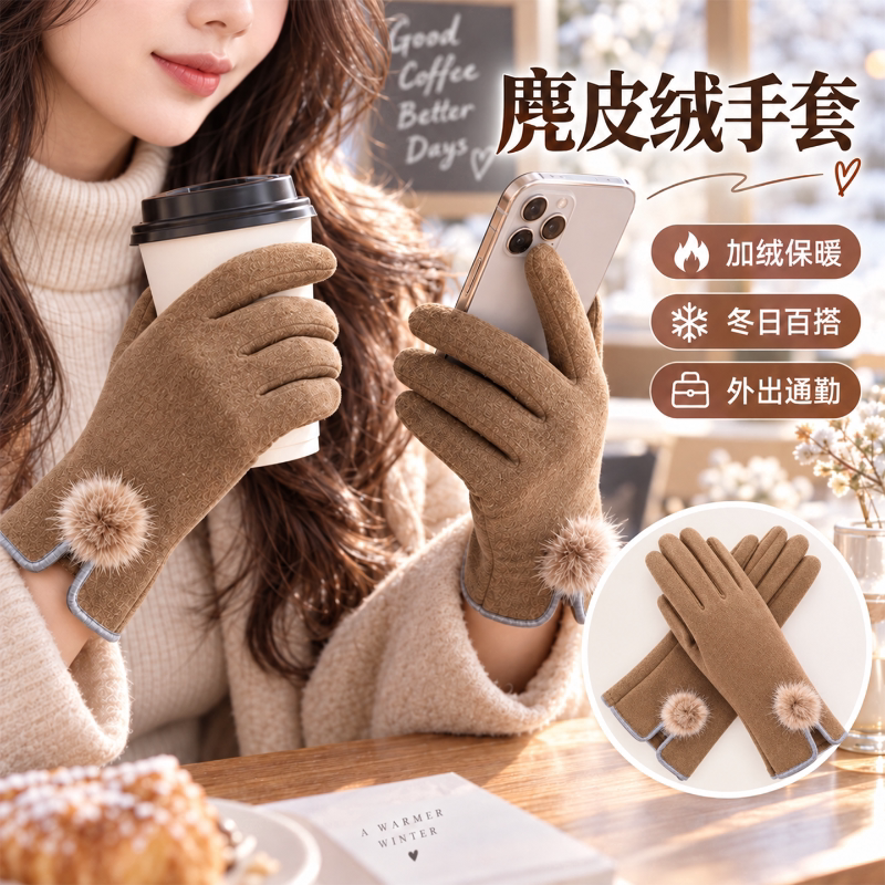 手套女秋冬精致短款保暖触屏分指骑行户外麂皮绒时尚百搭老中青年