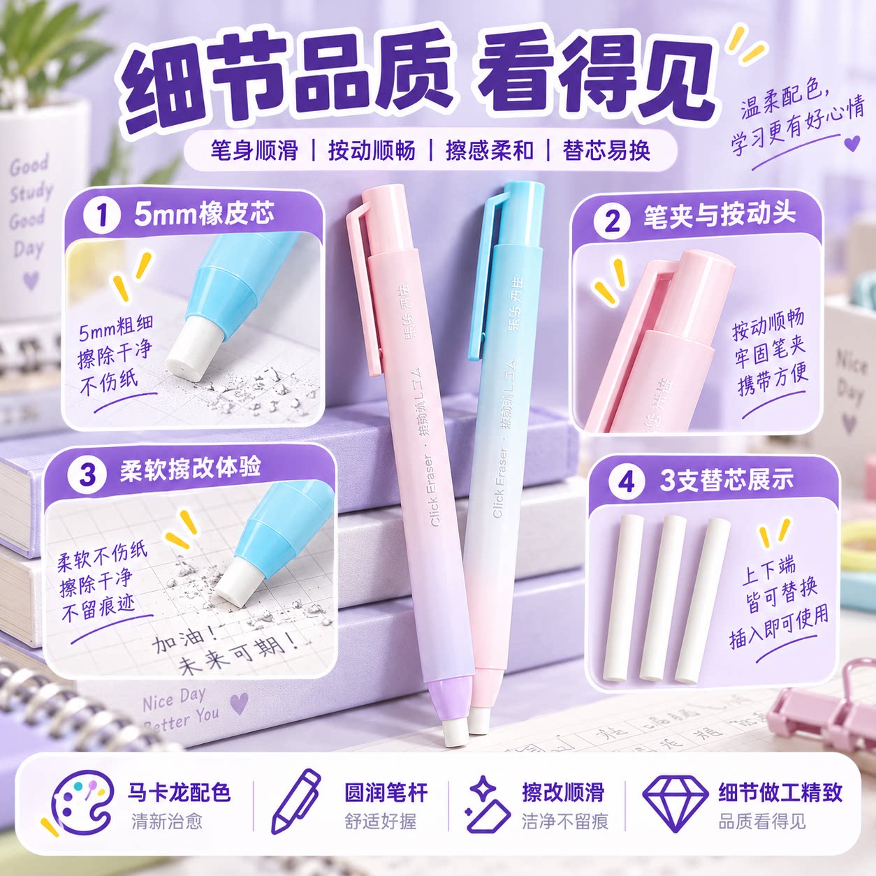 按动免削无屑防丢儿童橡皮笔