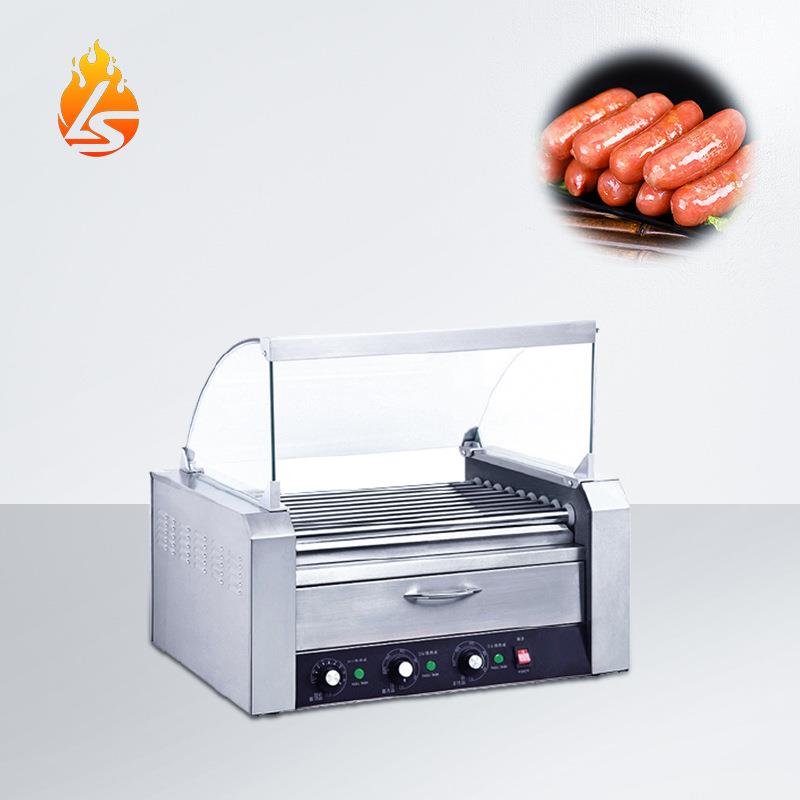 台式商用9棍烤肠机带玻璃罩带保温柜不锈钢摆摊热狗机烤香肠机器