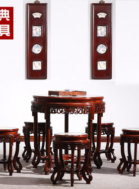 红木非洲酸枝圆桌雕花云石圆台中式云石餐桌茶台苏作明清仿古家俱