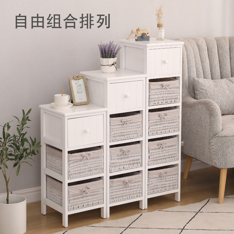 田园收纳窄柜卧室床头柜子客厅柜白色简约储物柜迷你藤编抽屉