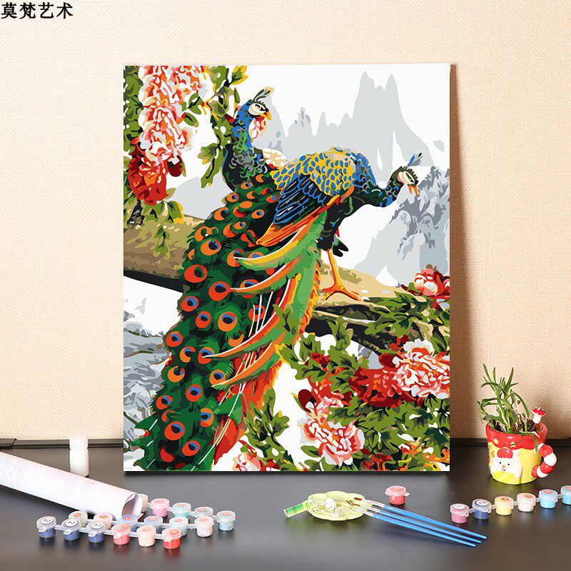 数字油画y手工填减压孔雀装饰画手绘丙烯涂色油彩画画