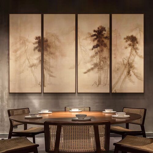 新中式茶餐厅画迎客松背景挂画室书房多联组合画