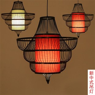 現代簡約茶樓火鍋飯店燈具新中式 飾鐵藝鳥籠吊燈 酒吧臺餐桌工程裝