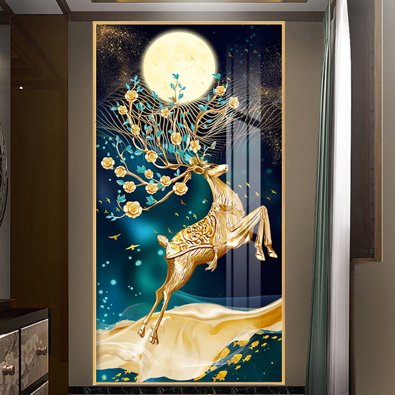 数字油画入户玄关画手绘填色油彩画现代挂画竖版鹿