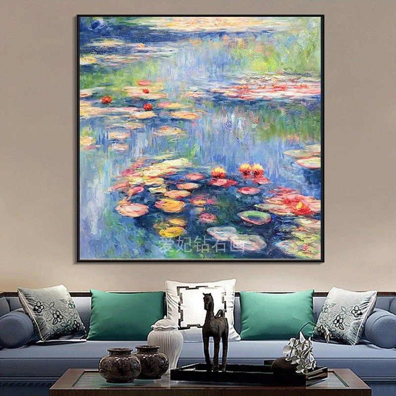 世界名画方钻满钻钻石画餐厅莫奈睡莲荷花粘镶贴钻印花十字绣