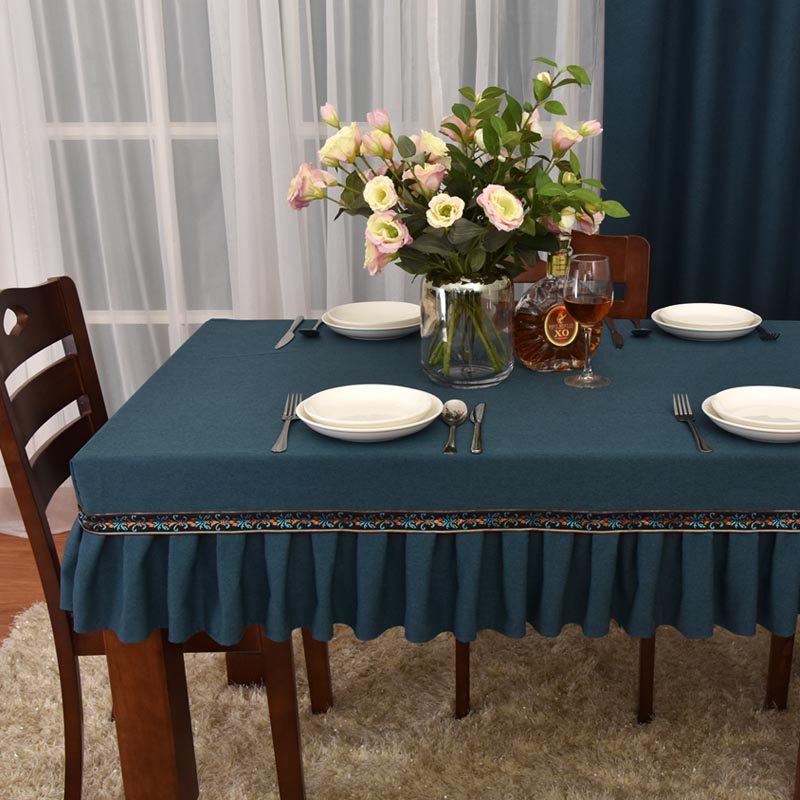 简约现代高西餐厅桌布深蓝色新中式长方形台布台裙耐脏餐桌布