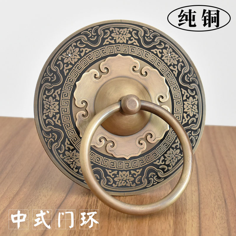 纯铜大门拉手中式古建门把手老式仿古圆拉环复古如意带花全铜门环