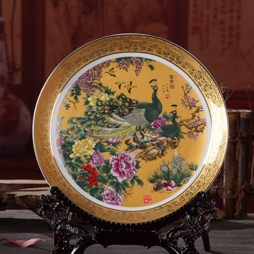 家居金边客厅玄关装饰挂盘工艺品陶瓷器电视柜客厅酒柜桌面小摆件