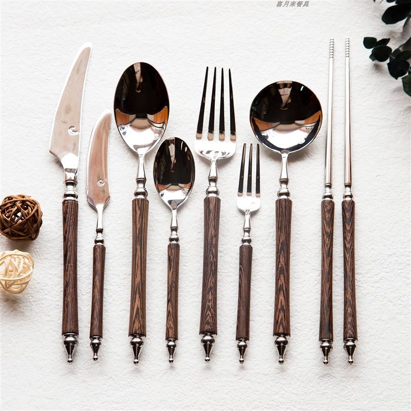 复古不锈钢筷子勺子套装欧式牛排刀叉木柄汤勺咖啡勺筷勺叉三件套