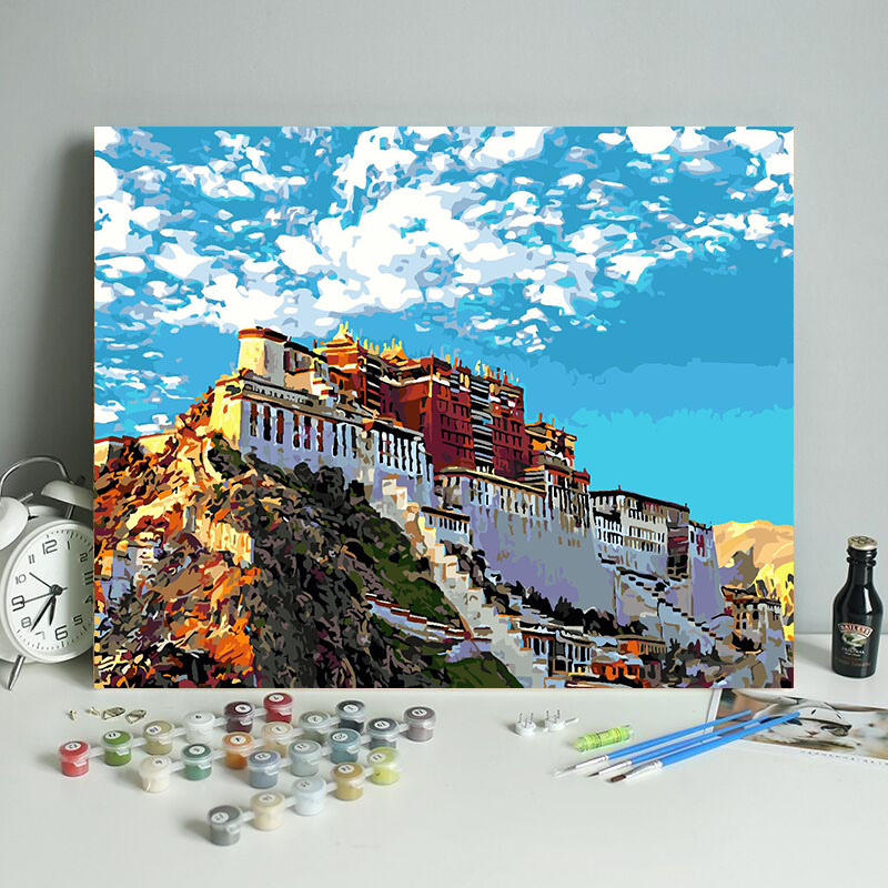 diy数字油画简约风景丙烯颜料填色彩色画板定制装饰画 布达拉宫图片