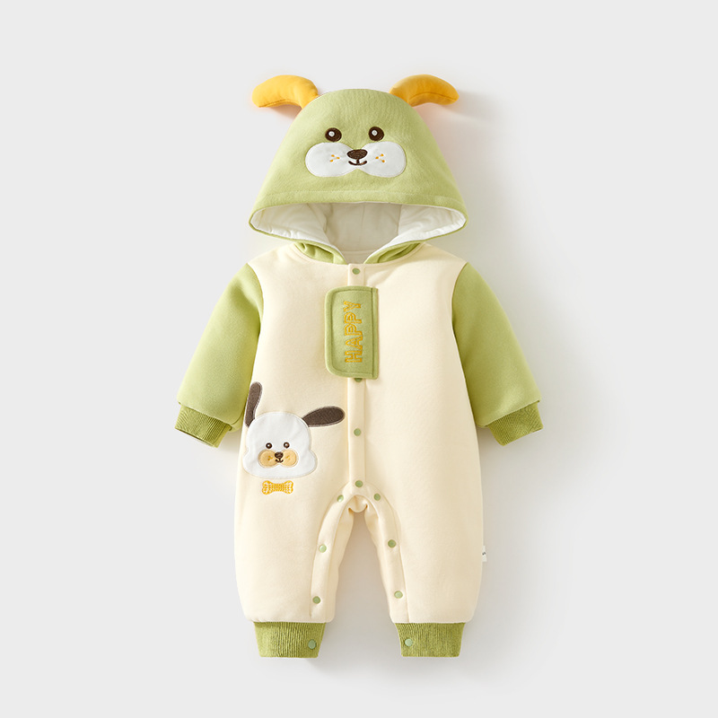 爱亲贝贝婴儿外出服加厚男女宝宝夹棉连体衣冬季爬服连帽防风棉服