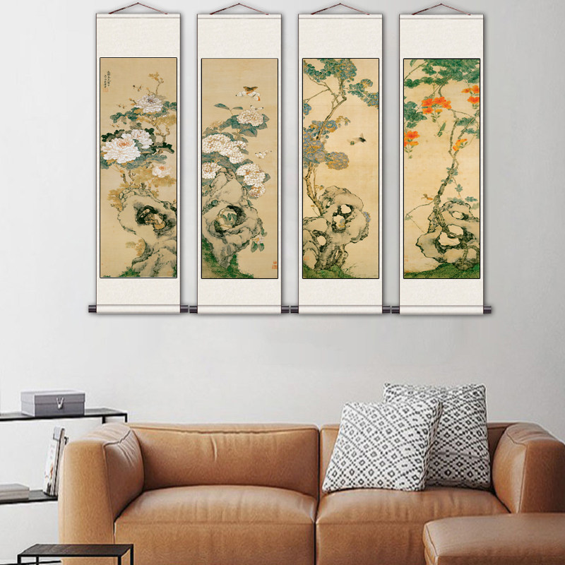 画花鸟画四条屏卷轴画绢画宣纸画画春夏仕女图画