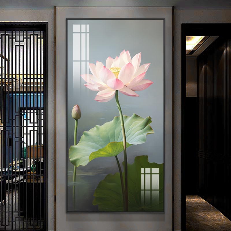 现代简约玄关背景墙装饰画新中式风格过道走廊荷花挂画高档艺术画图片