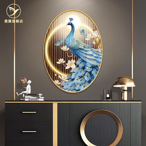 孔雀椭圆形餐厅画级玄关过道挂画小众饭厅壁画