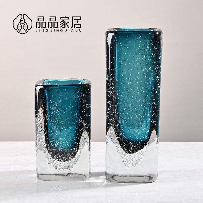 现代简约蓝色厚实气泡长方形款玻璃花瓶仿真花培直筒花器