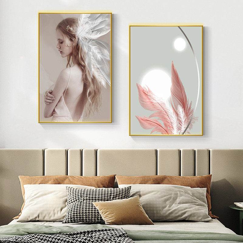 现代简约画酒店房间床头壁画羽毛美女主卧背景墙挂画