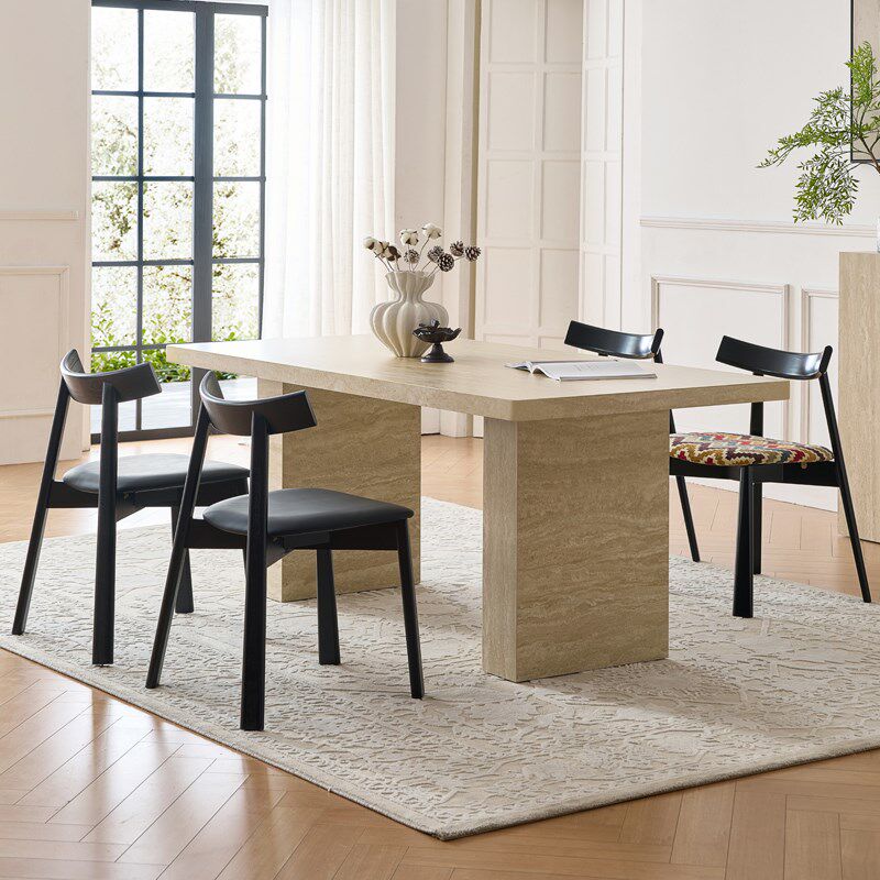 吉诺威洞石岩板餐桌椅2024新款长方形高级法式复古诧寂风饭桌家用