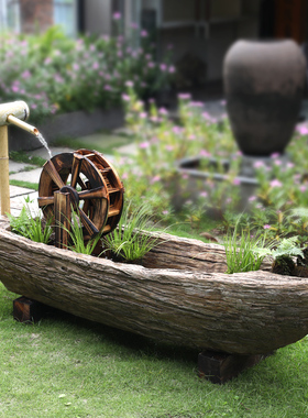 庭院水车流水景观招财喷泉船花园轮布置造景民宿院子装饰