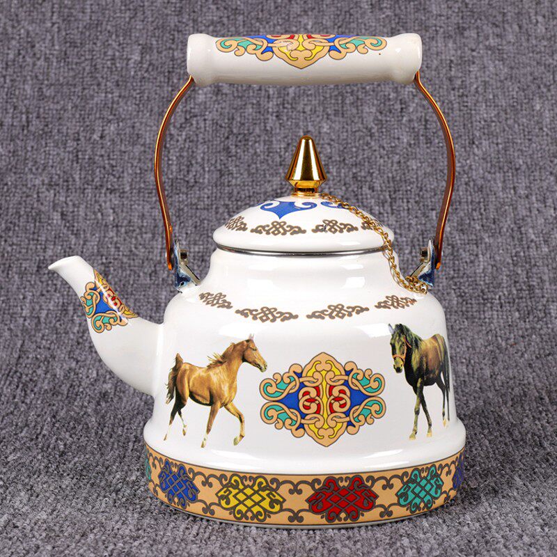 蒙古族特色奶茶壶白马搪瓷壶酥油茶壶蒙餐壶提梁壶民族风容量