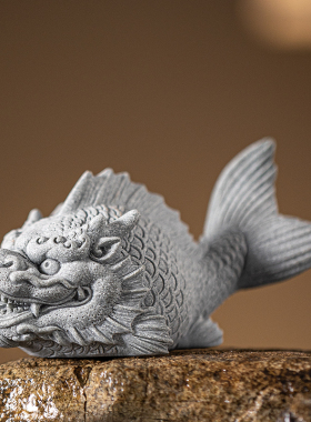 中式鱼化龙茶宠茶玩青砂石创意龙鱼装饰鱼缸盆栽造景