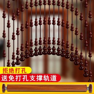 饰帘 水晶桃木葫芦珠帘免打孔撑杆五帝钱卧室门帘隔断免打孔玄关装