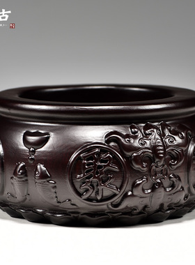 黑檀木雕聚宝盆摆件五路财神聚宝盆客厅办公店铺开业桌面工艺礼品