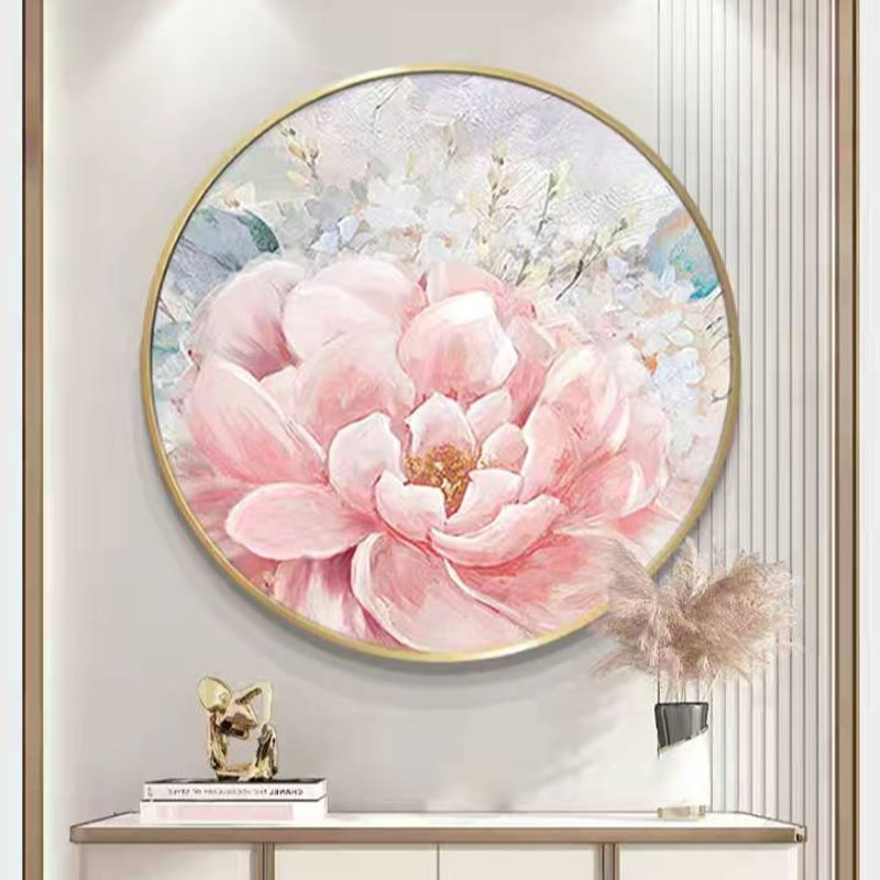 手绘油画牡丹花挂画现代简约入户B玄关客厅装饰画卧室饭厅圆形壁图片